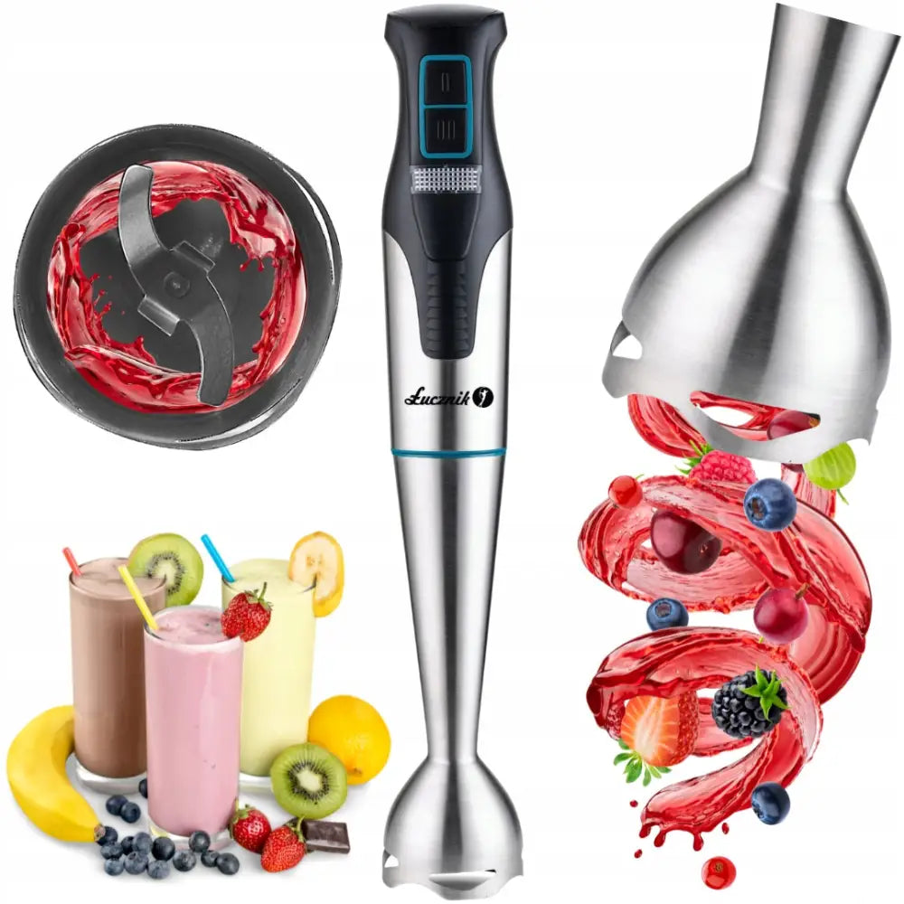 Kraftig håndholdt blender i rustfritt stål, med tilbehør og fargerike illustrasjoner av frukt og smoothie.