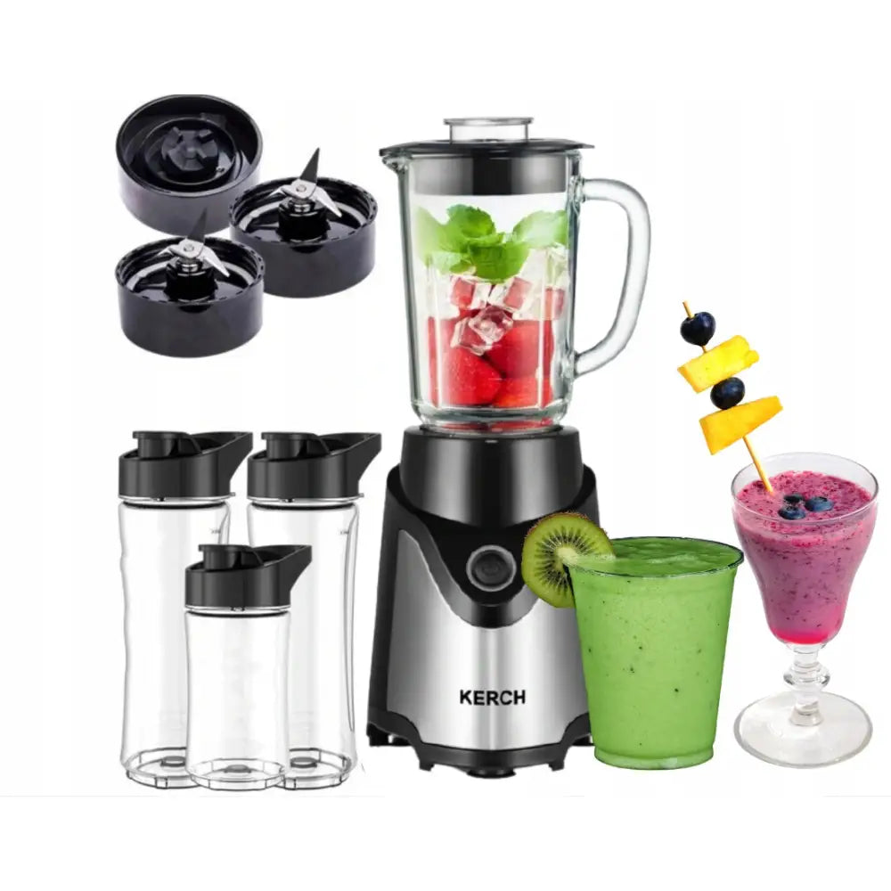 Kraftig Kanneblender Kerch Fit 900 W, frontvisning med full glasskanne, blendekopper og smoothies.