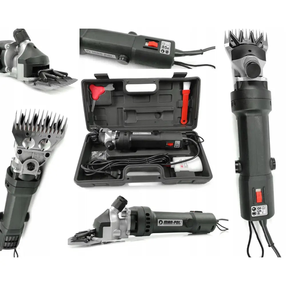 Kraftig klippemaskin for sau og storfe, nærbilde av blader, bryter og koffert med tilbehør fra siden.