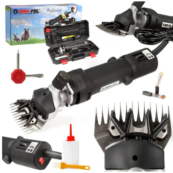 Kraftig klippemaskin saks for sau og storfe med tilbehør, detaljert oversikt over maskin, olje, børste og koffert.