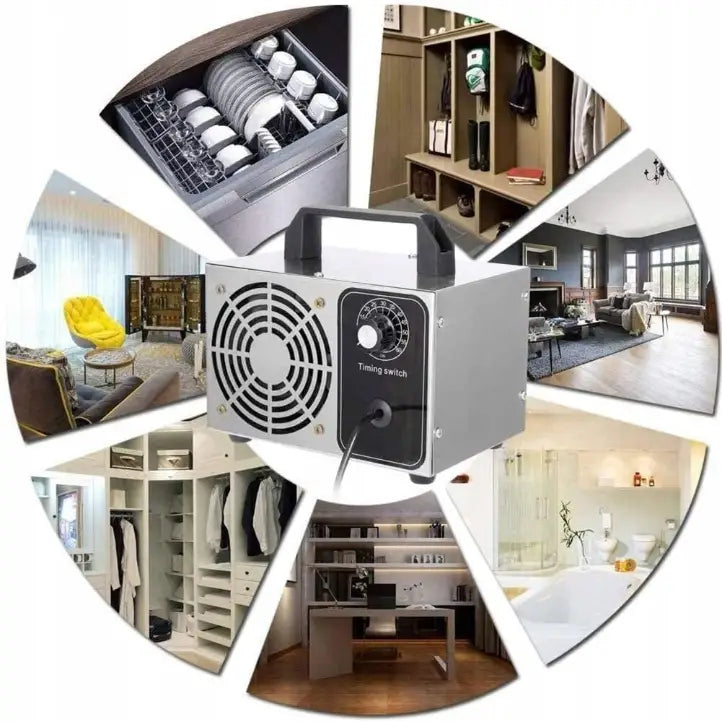 Ozongenerator med bærehåndtak og vifte, plassert foran kjøkken, stue og garderobe for å vise bruksmuligheter.