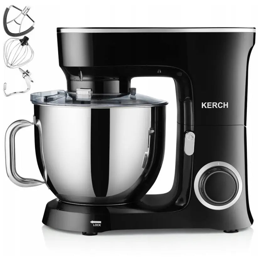 Kraftig planetarisk kjøkkenmaskin Kerch i svart med stor stålbolle og tre visper, sett fra siden.