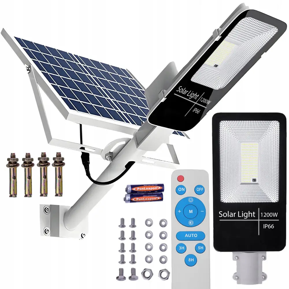 Kraftig solcelle LED-lampe 1200W med fjernkontroll, sidevisning med panel, festemateriell og batterier.