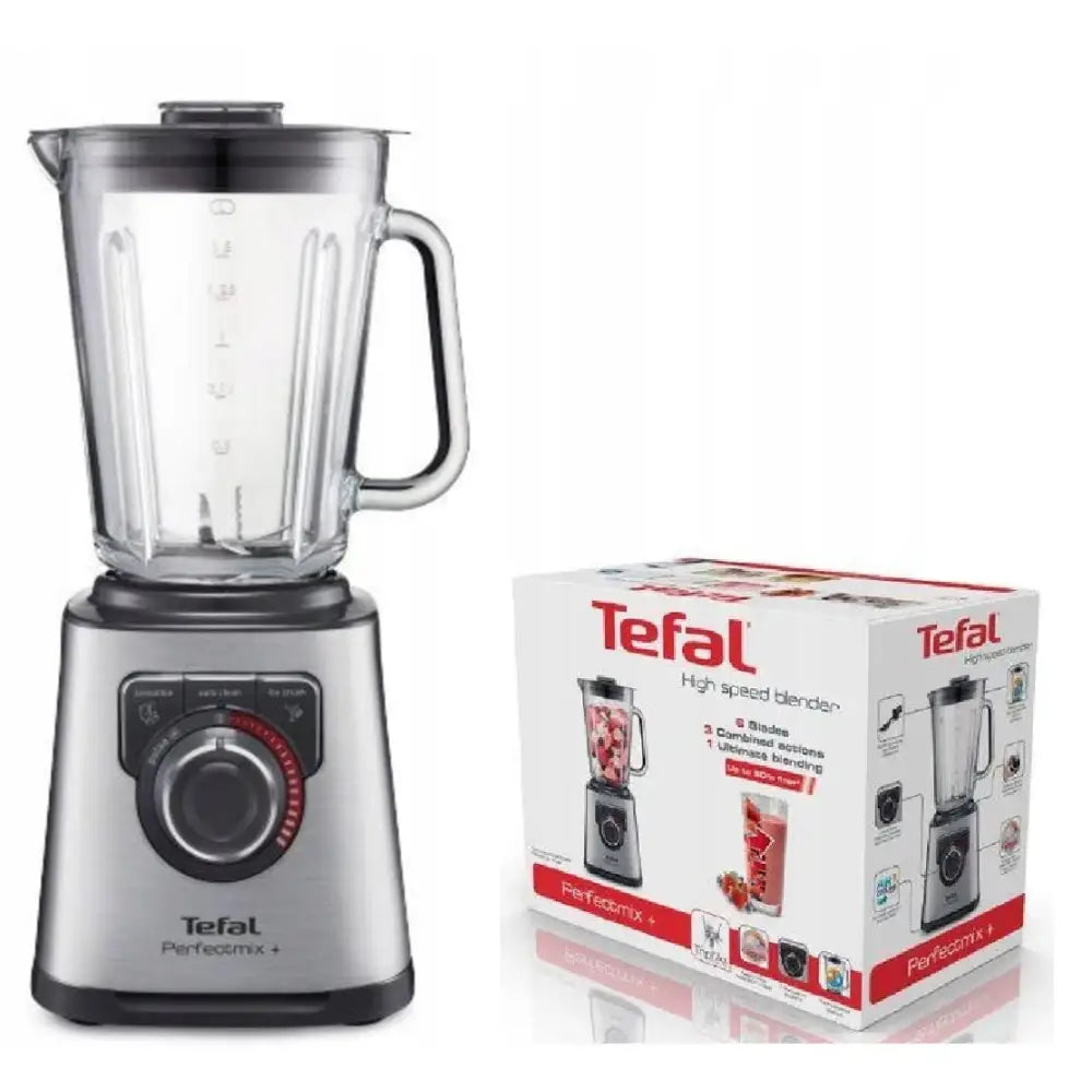 Kraftig Tefal kanneblender med LED-display, stor glasskanne og sort lokk, vises med original emballasje.