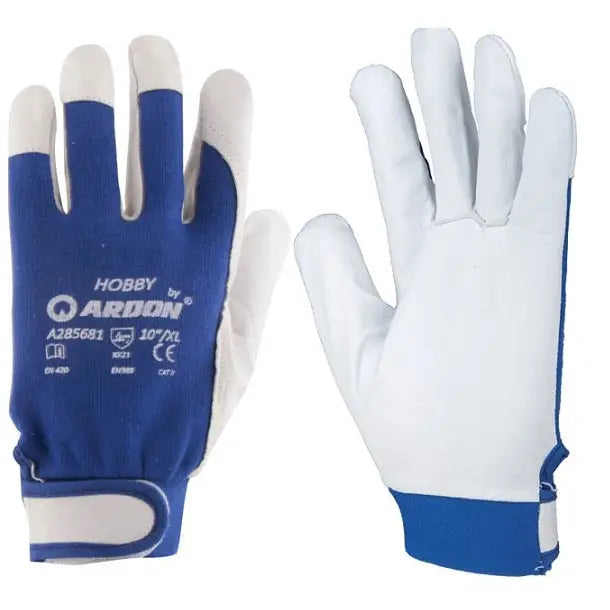 Kraftige arbeidshansker av geiteskinn i blått og hvitt, vist fra rygg og håndflate med borrelåslukking.