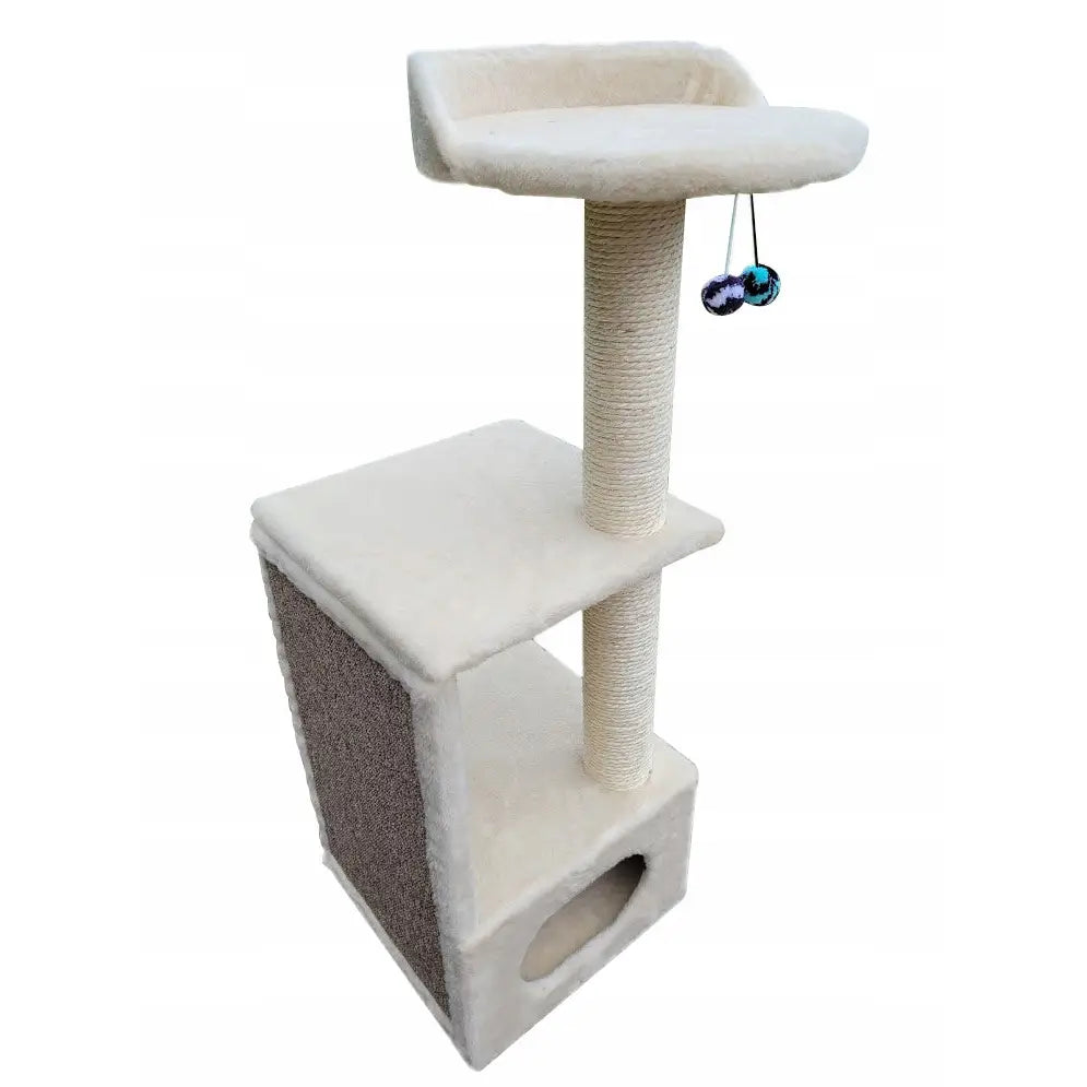 Kratremøbel for Katt 05C, beige kloretre med taukledd stolpe, hule i bunnen og to lekeballer på ulike nivåer.