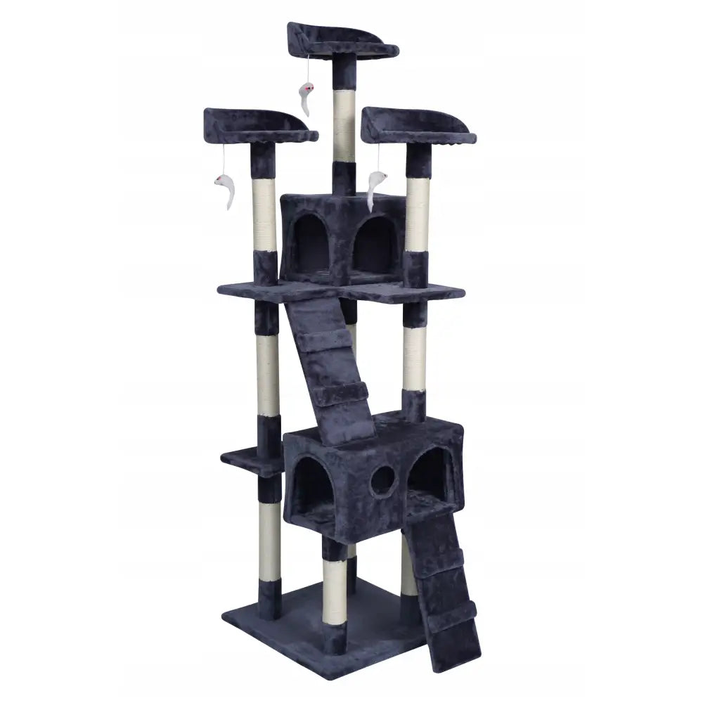 Klatremøbel for katter med fem nivåer, to lune hus, sisalstolper, ramper og lekemus i mørk grå plysj.