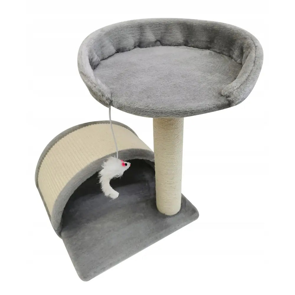 Kratrestolpe for katter WL03 med rund soveplass, sisal-klorestolpe, tunnel og hengende lekemus i grått stoff.