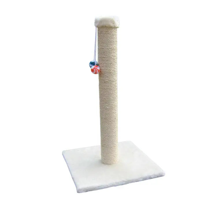 Krattemøbel for katt Nr 03 med høy sisalsøyle, firkantet base og to hengende fargerike baller, sett skrått forfra.