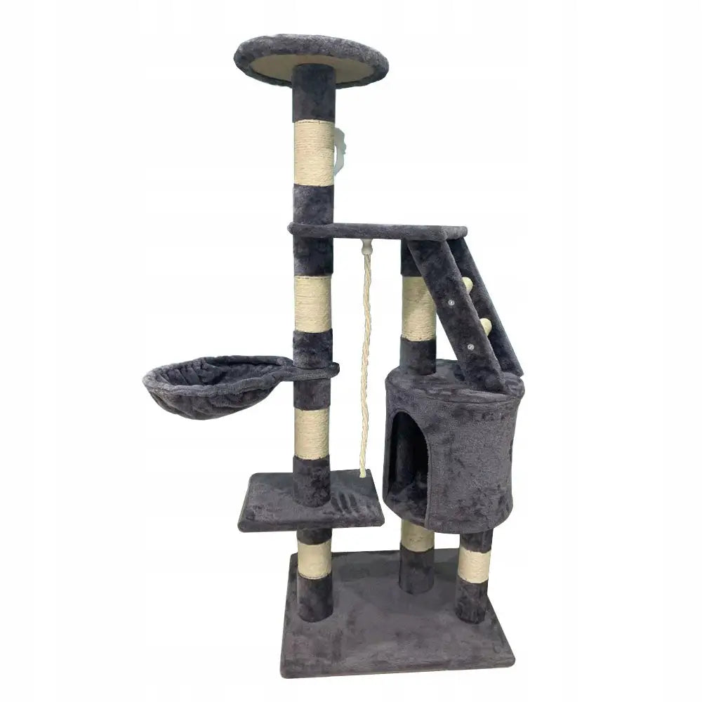 Krattemøbel for katter med mørk grå liggeplass, hule, rampe med hvite kuler og sisal-tauede søyler, frontvisning.