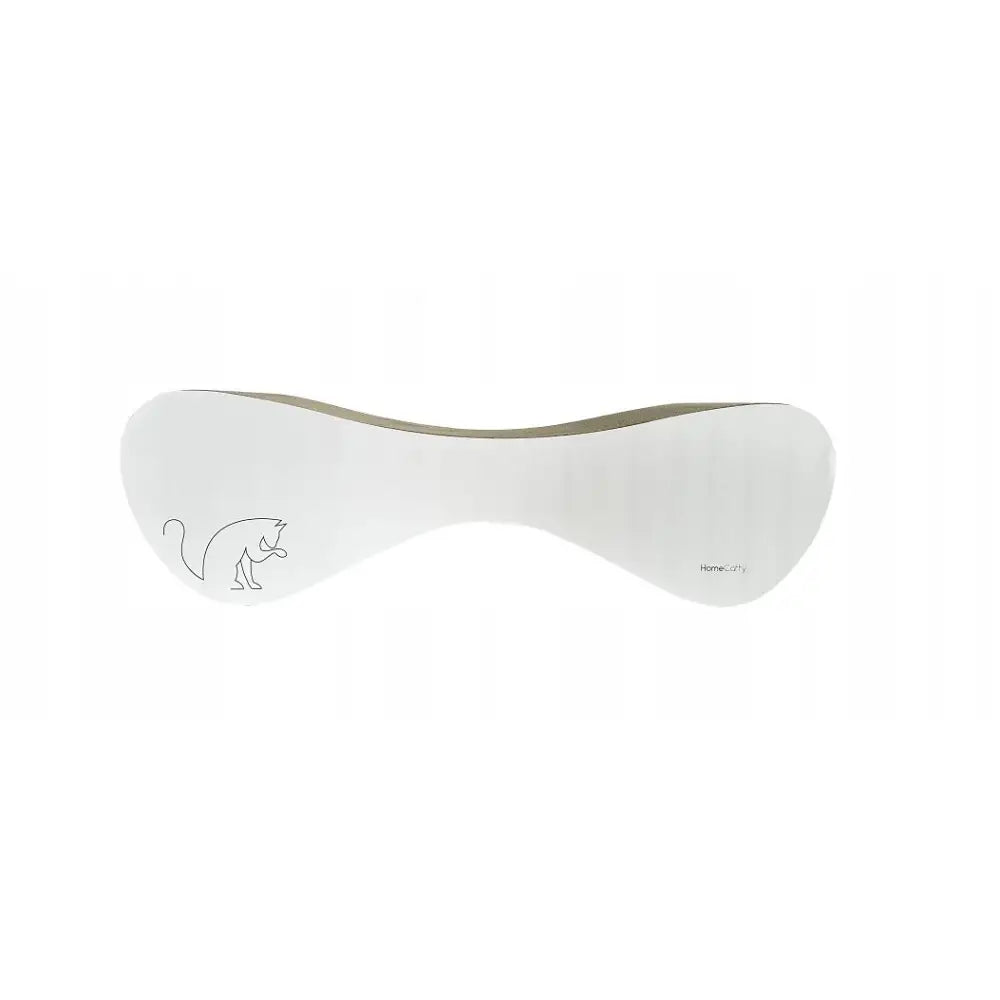 Krattemøbel Homecatty Migo Hvit, frontvisning med buet form, katteillustrasjon til venstre og diskret logo til høyre.