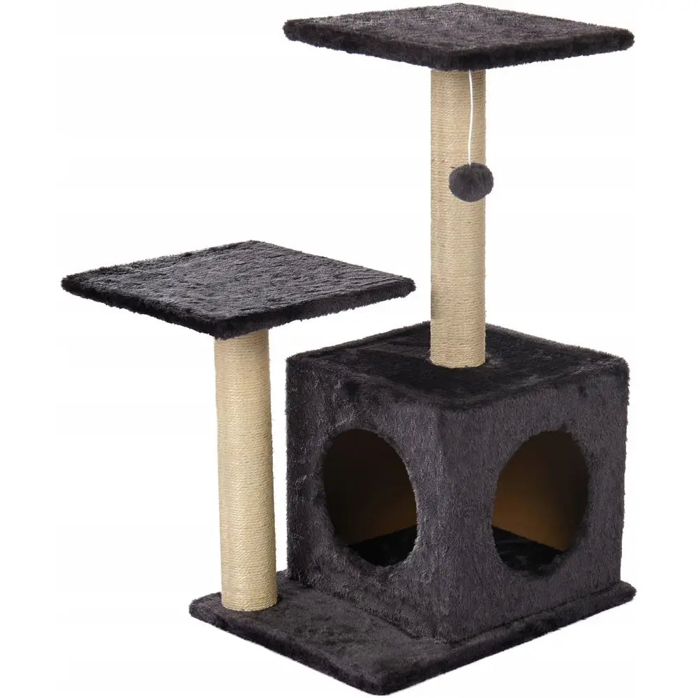 Klatremøbel med hytte for katt, viser fire nivåer med svarte plattformer, sisalstolper og hengende lekeball.