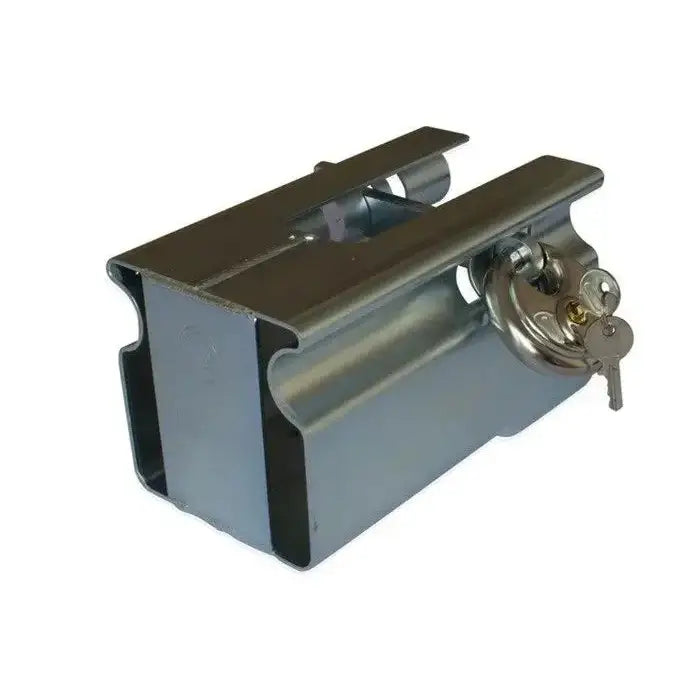 Krokfestesikring Winterhoff Albe Safety-Box, skrå frontvisning med hengelås og to nøkler på robust stålkasse.