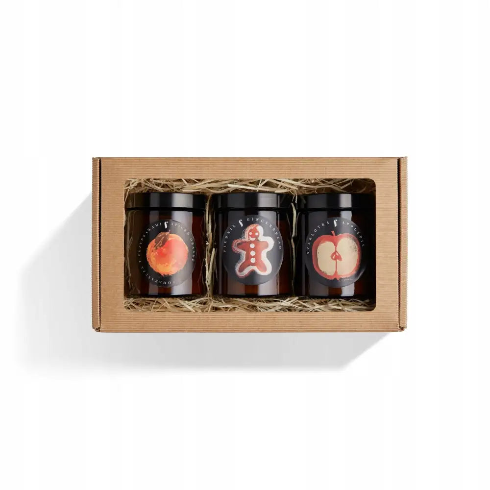 Kroppskunst Sett Four Seasons Juleduft, tre mørke glass med frukt- og pepperkakeetiketter i gaveeske med vindu.