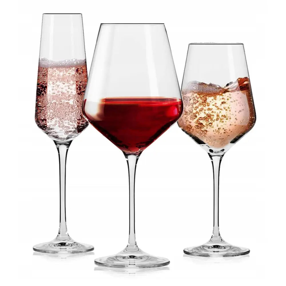 Krosno Avant-Garde champagne- og vinglass, tre glass med ulike viner og isbiter, frontvisning.