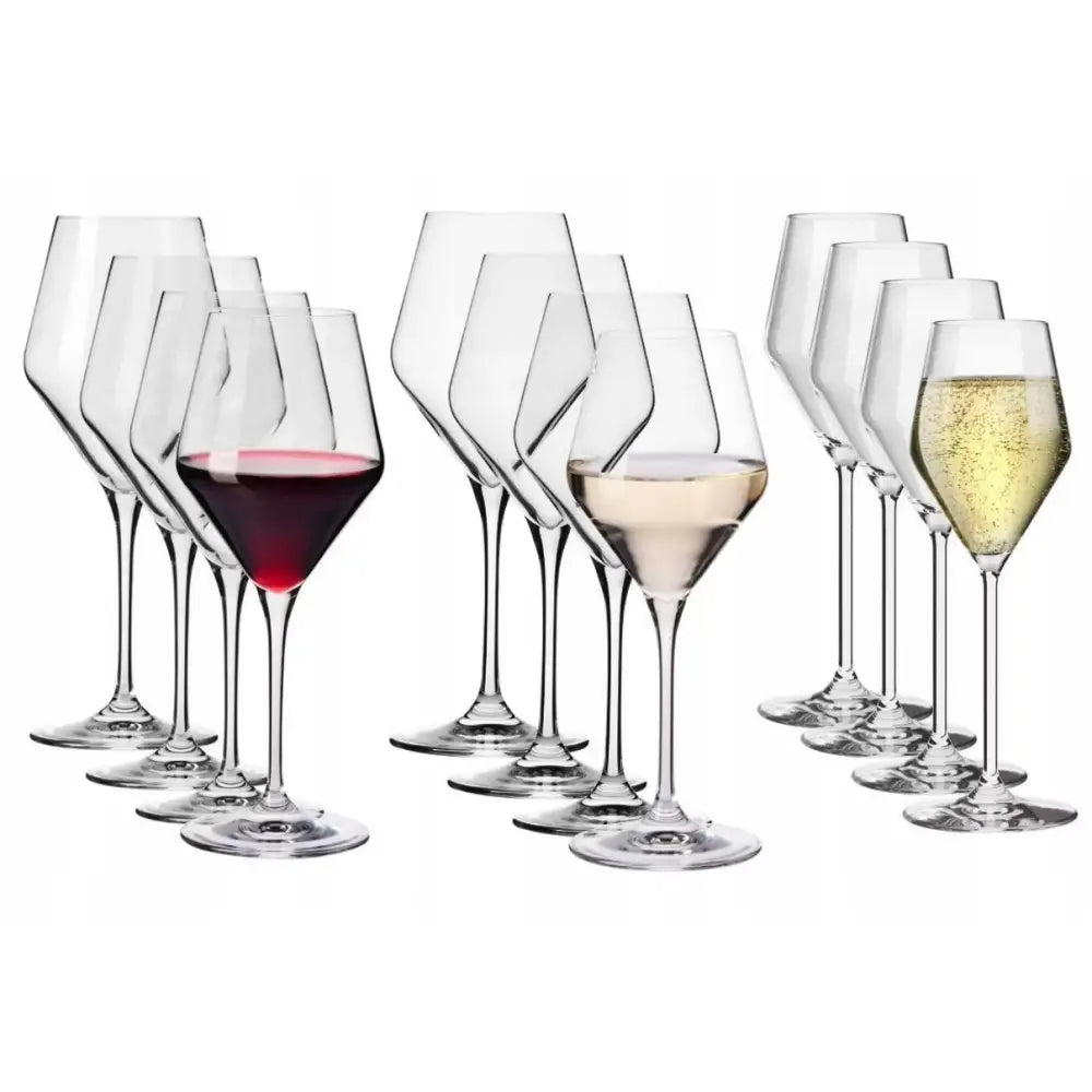 Krosno vinglass Ray, ti glass på rekke med rødvin, hvitvin og champagne mot hvit bakgrunn.