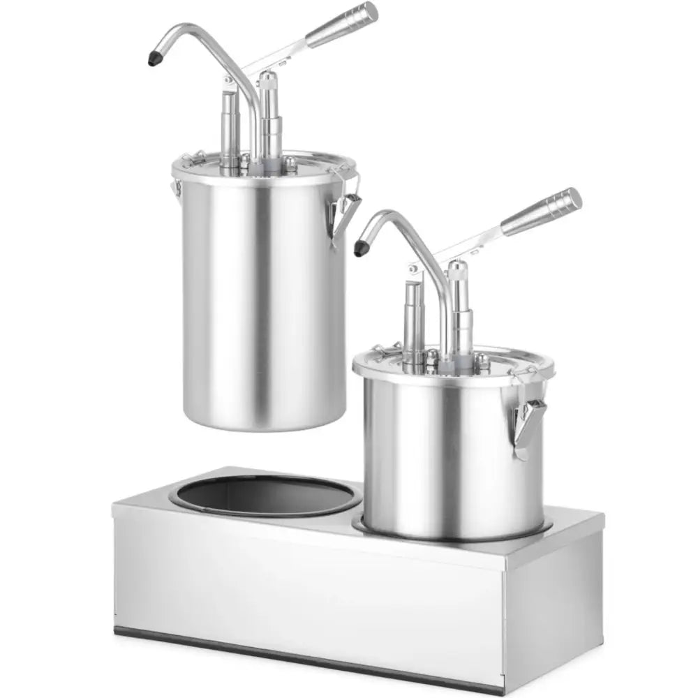 Kryddercontainer med dispenser, dobbel modell i rustfritt stål med to beholdere og pumpe på rektangulær base.