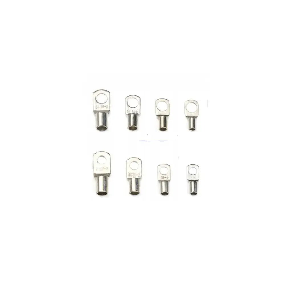 Åtte sølvfargede kabelsko i metall, sett ovenfra i to rekker med varierende størrelser og hull øverst.