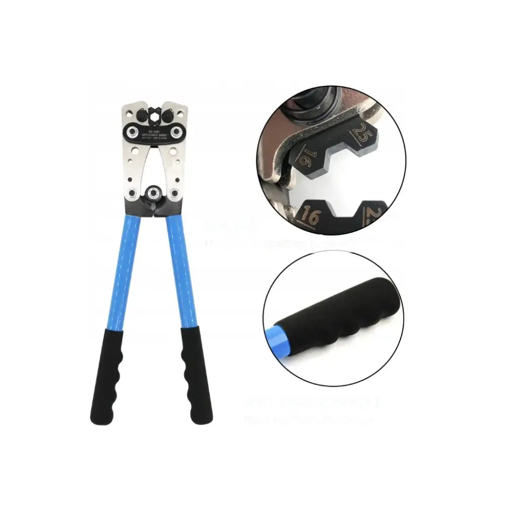 Krympetang med blå håndtak, detaljert nærbilde av størrelsesmarkering på kjeven og ergonomisk grep.