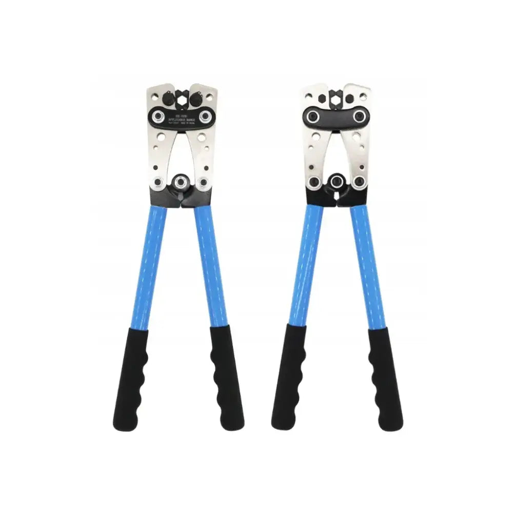 Krympetang med blå håndtak og svart grep, front- og bakside, metallhode med flere hull og synlige skruer.