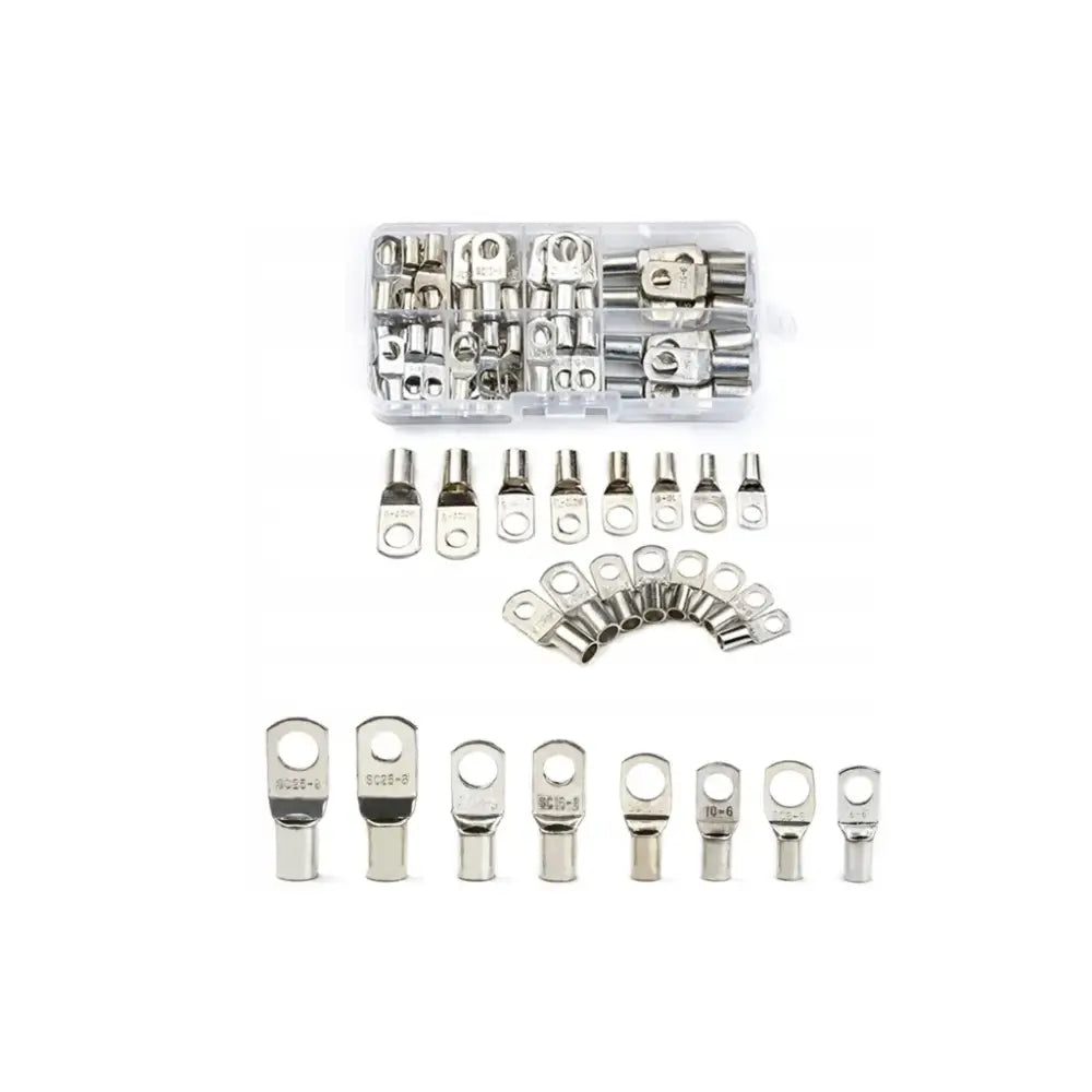 Sett med sølvfargede kabelsko i ulike størrelser sortert foran en rominndelt, gjennomsiktig plastboks.