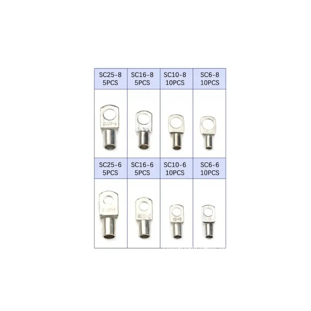 Sett med sølvfargede kabelsko i ulike størrelser, organisert i rutenett med tydelig type- og antallsmerking.
