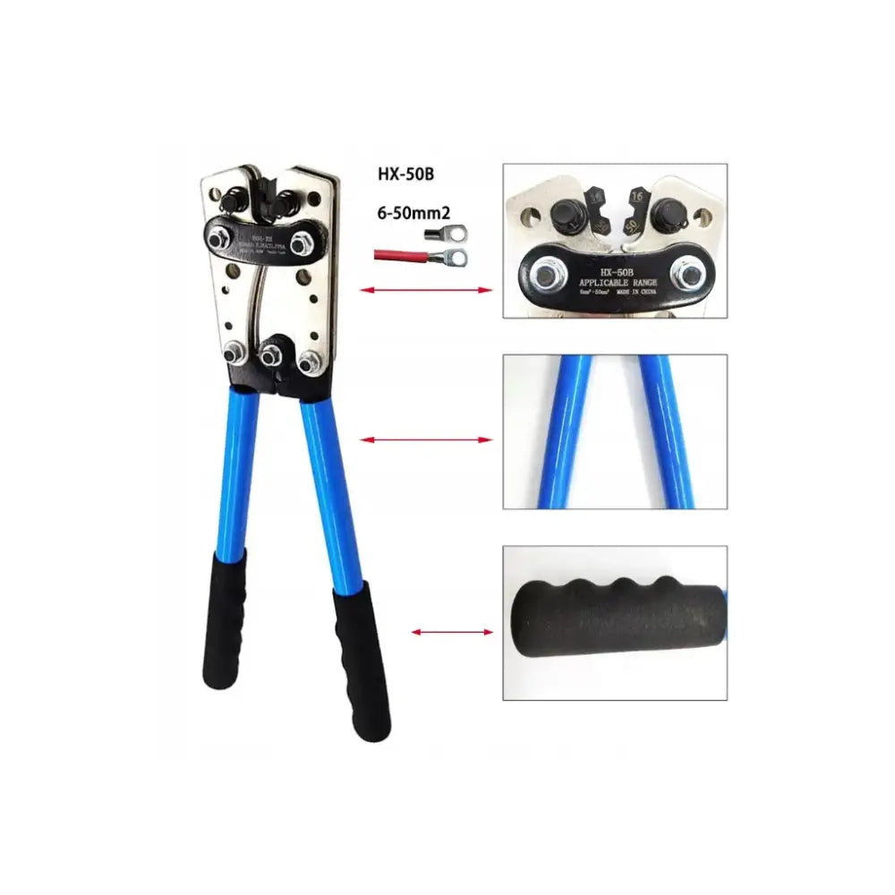 Krympetang for kabelsko med blå håndtak og sorte gummigrep, nærbilde av kjeft og grepstruktur.