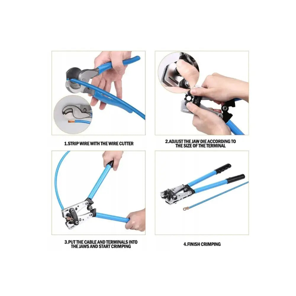 Krympetang for kabelsko brukt til avisolering, plassering og pressing av kabelterminal, vist i fire steg.