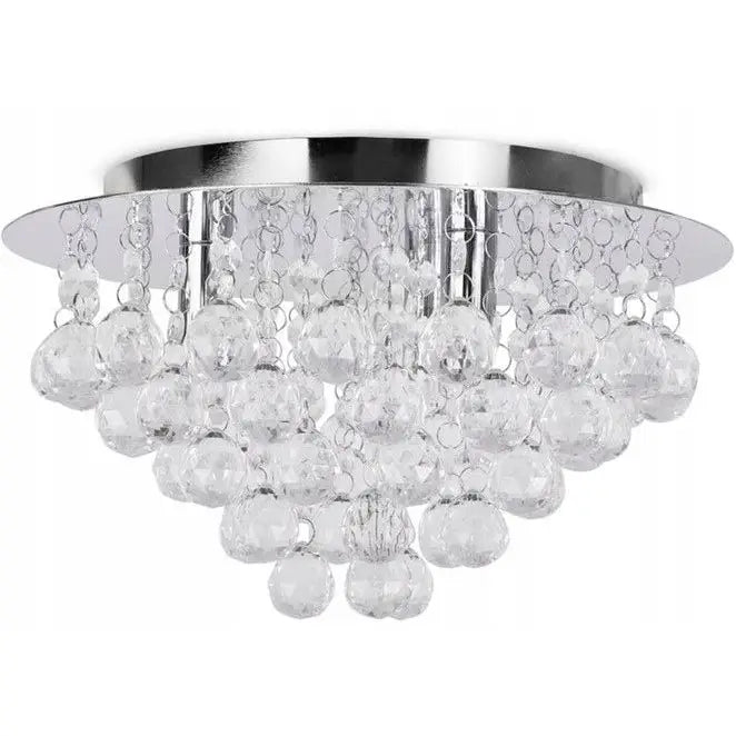 Krystall taklampe Glamour i sølv, underside med reflekterende krom og glitrende glasskrystaller i klynge.