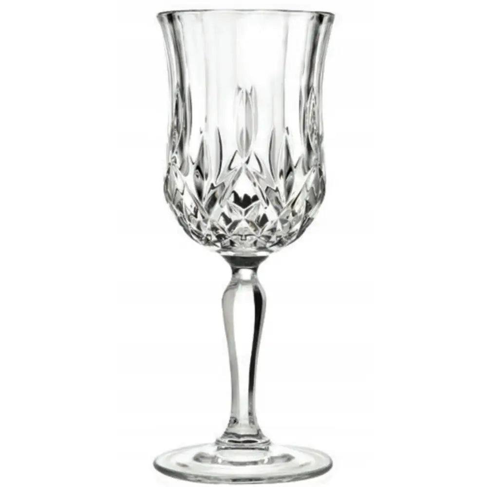 Krystall vinglass Rcr Opera 230ml, sidevisning som fremhever slipt mønster, elegant stilk og bred fot.