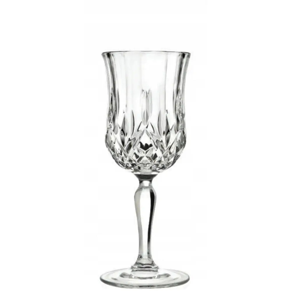 Krystallglass for vodka eller likør fra RCR Opera, sett forfra med slipemønster, stett og bølget kant.