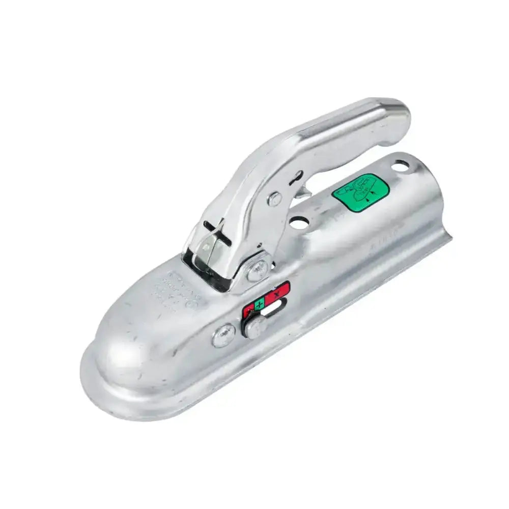 Kulekobling for tilhenger, skråvisning av sølvfarget modell med låsehåndtak og markerte låsestatusfelt.