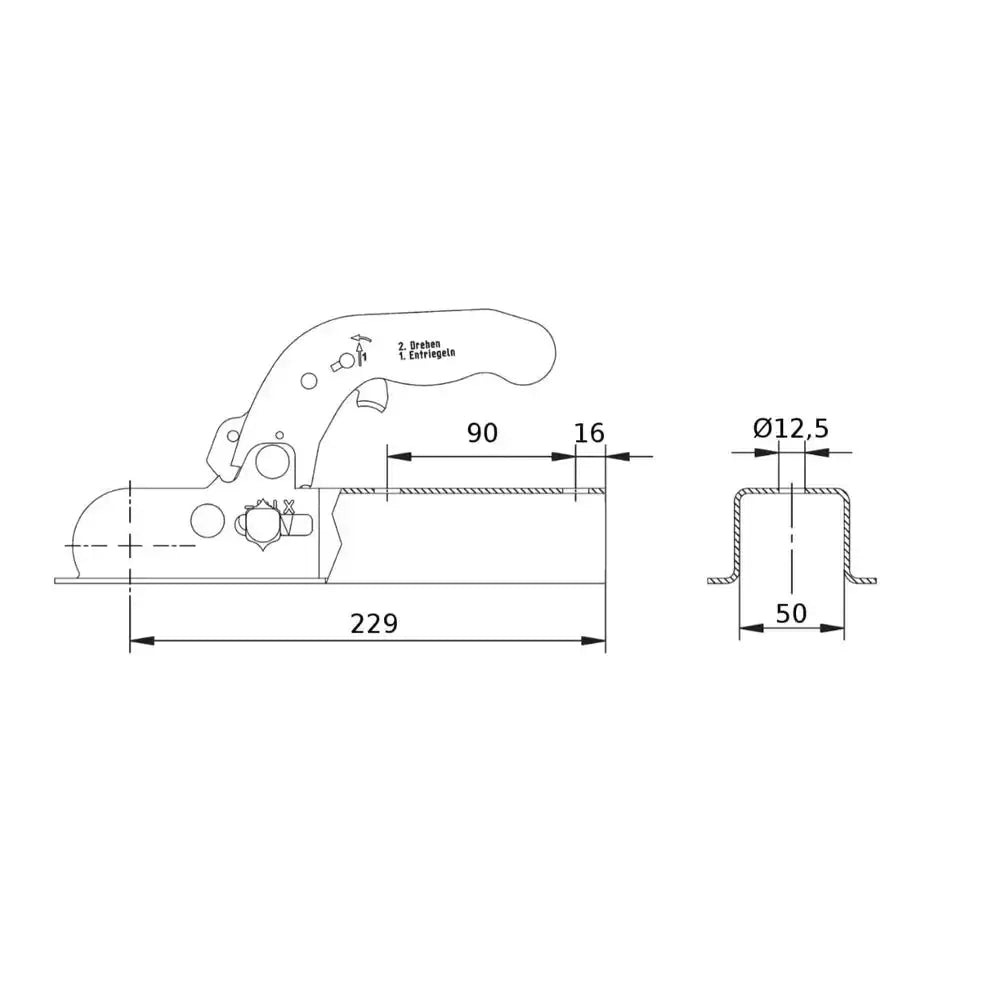 Kulekobling Knott KQ14A, teknisk tegning med millimetermål, detaljert tverrsnitt og instruksjonstekst på håndtaket.