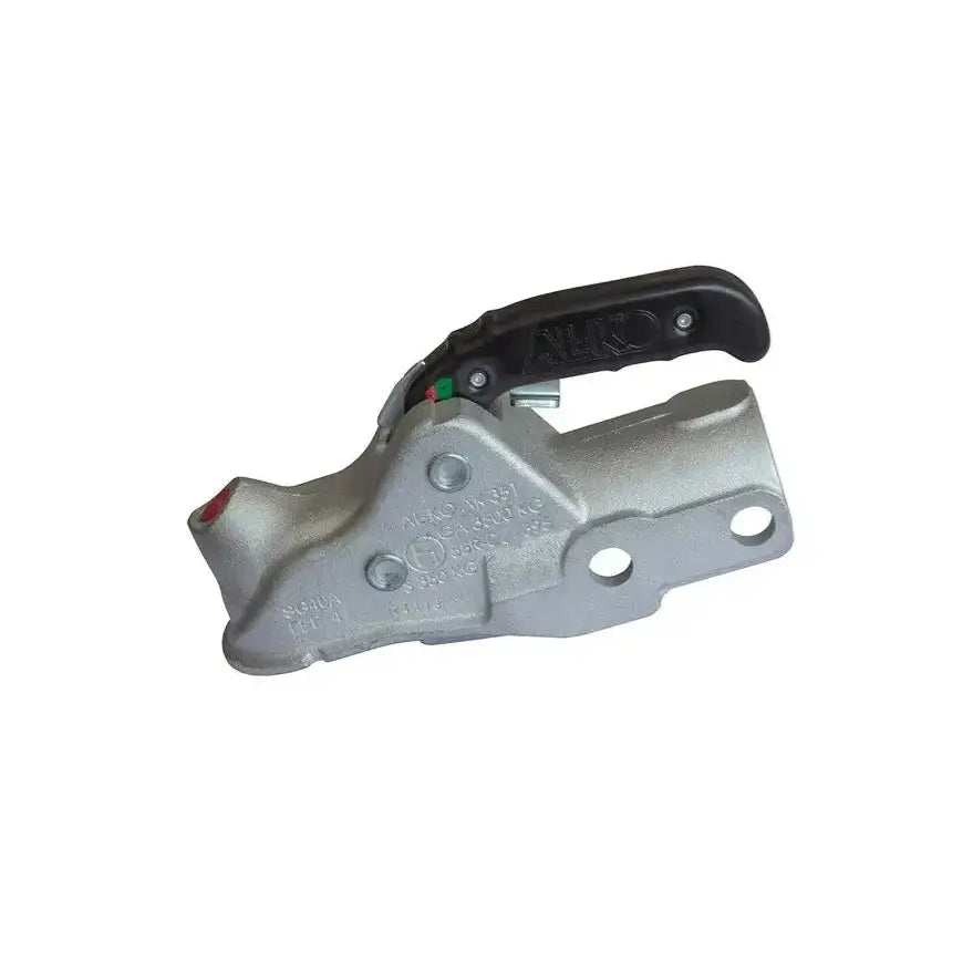 Kulekobling AL-KO AK351 for tilhenger, sidebilde med sort håndtak, grønne og røde markeringer ved låsen.