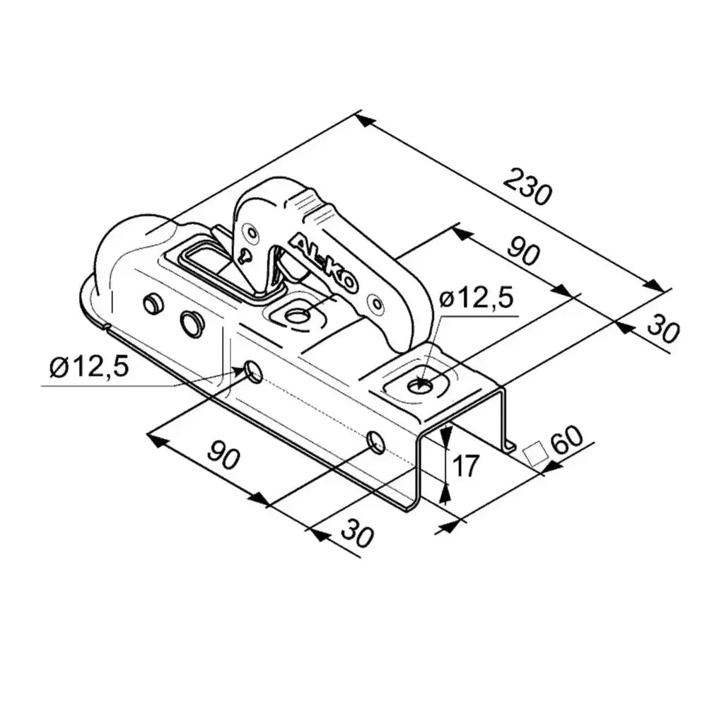 Kulekobling AL-KO AK7, teknisk tegning med mål og hullstørrelser, håndtak synlig i perspektiv.