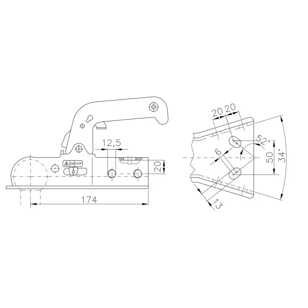 Kulekobling for WW 8-Y, teknisk strekning med monteringsmål og håndtak sett fra siden og ovenfra.