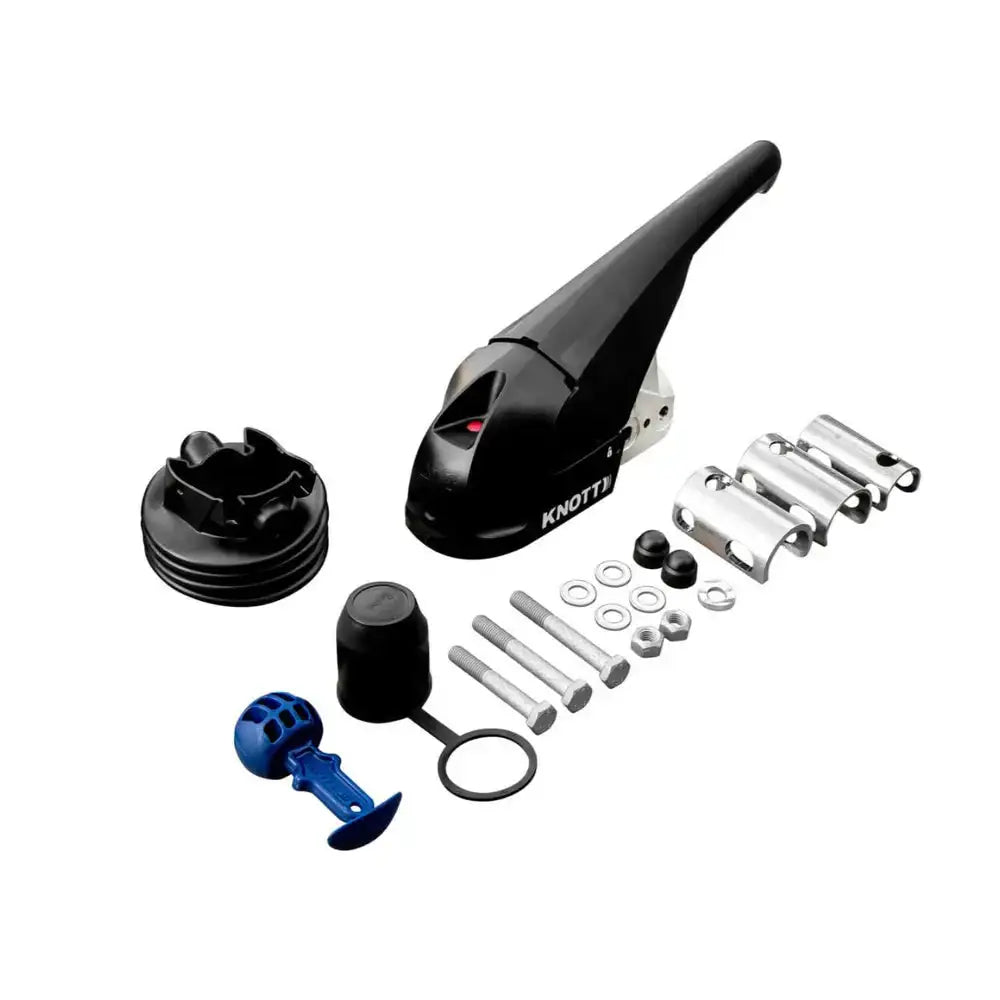 Kulekobling med stabilisator, sett ovenfra med plast- og metalldeler, blått tilbehør og monteringssett.