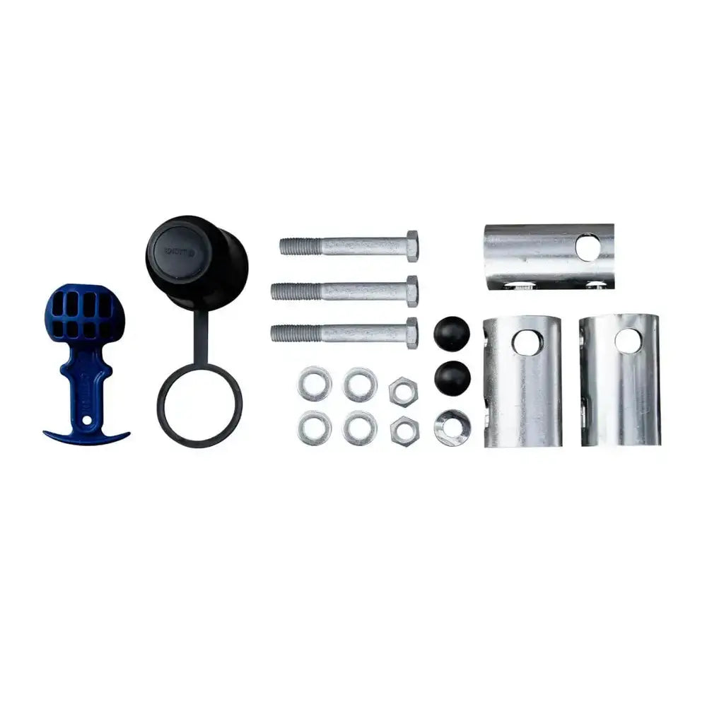 Kulekobling med stabilisator, komplett monteringssett med blått håndtak, bolter og rørdeler sett ovenfra.