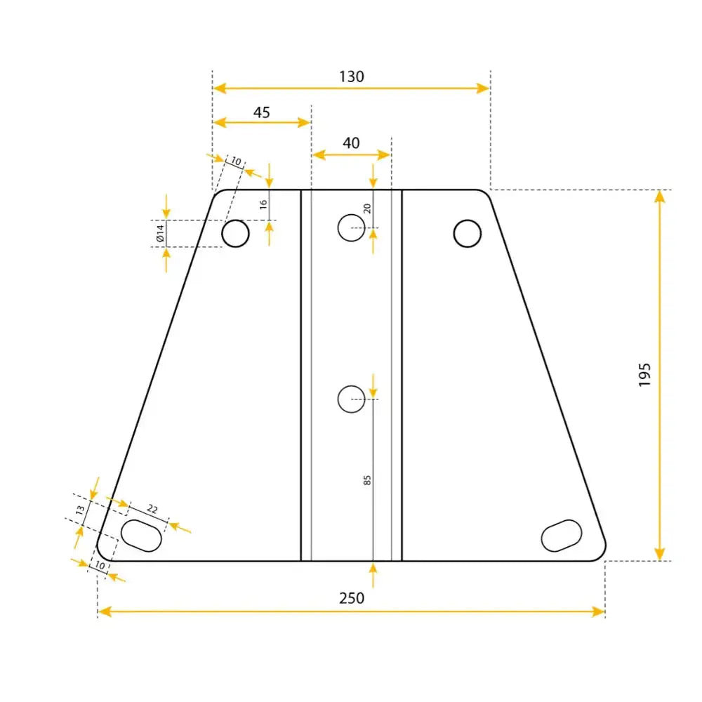 Kulekobling med støttehjulstøtte, teknisk tegning av trapesformet plate med hull og mål i millimeter.
