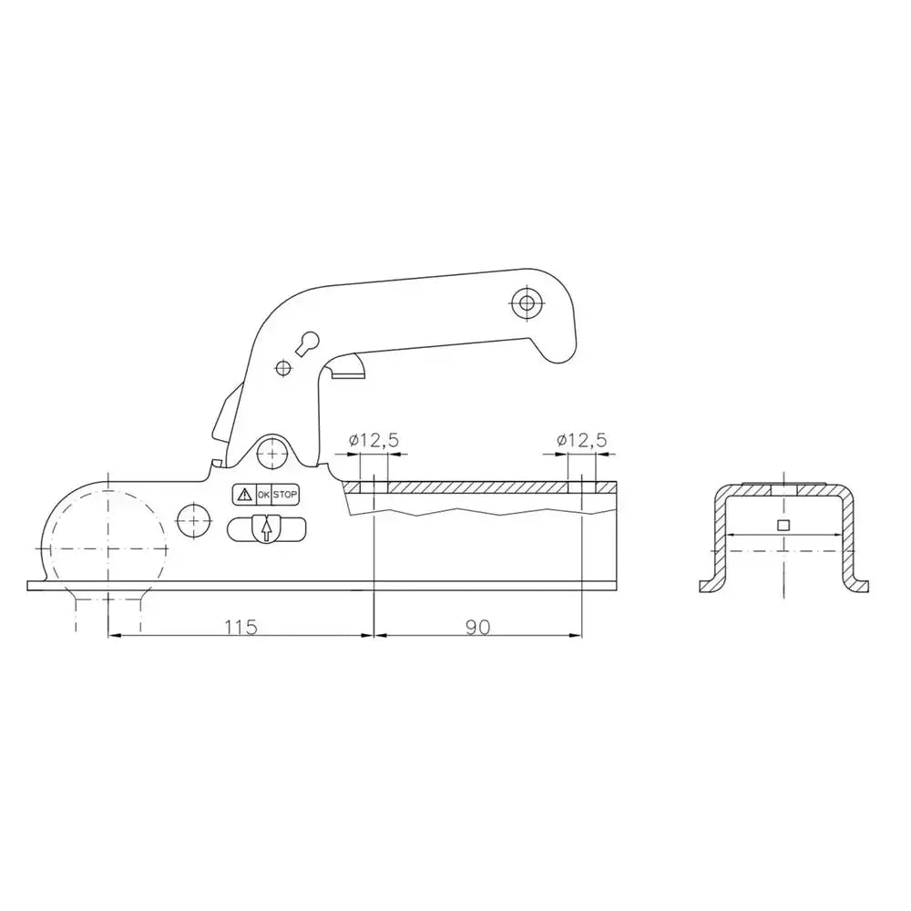 Kulekobling WW 150-VG, teknisk tegning med sideprofil, mål, tverrsnitt og markerte monteringspunkter.