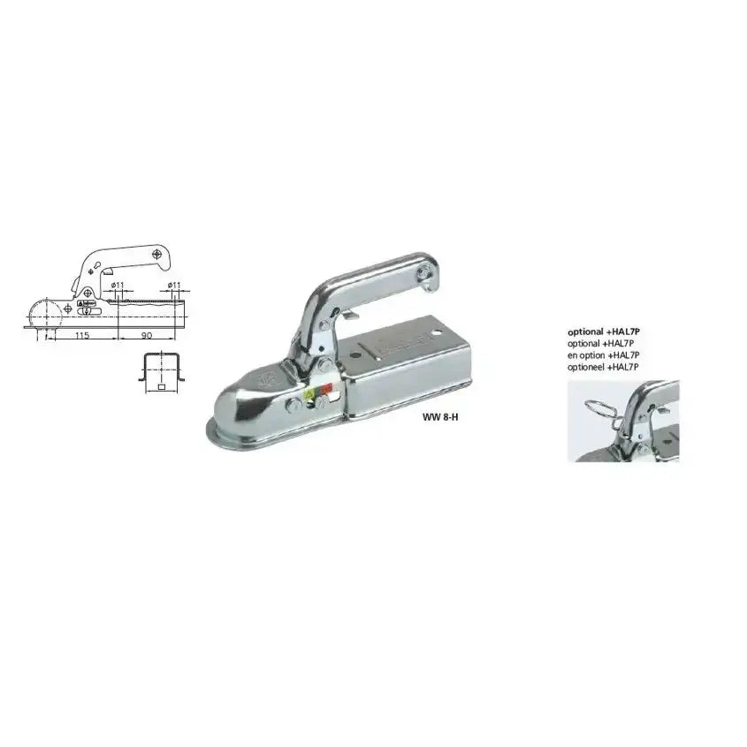Kulekobling for tilhenger 800kg, skråvisning med håndtak, teknisk tegning og nærbilde av ekstrautstyr.