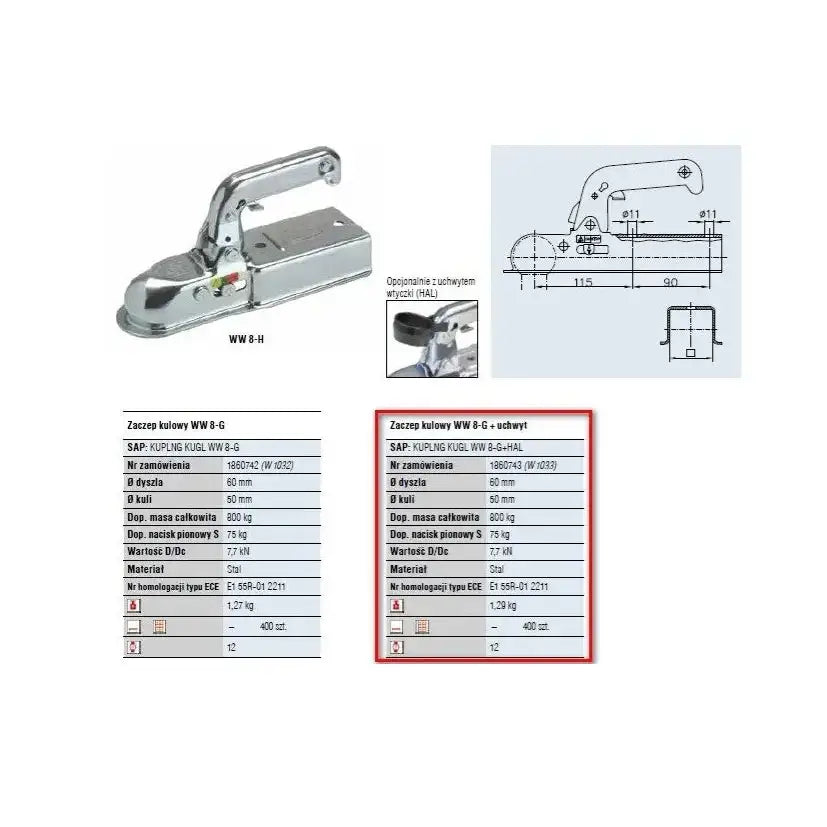 Kulekobling WW8-G for tilhenger 800kg, skråvisning med teknisk tegning og spesifikasjonsoversikt.