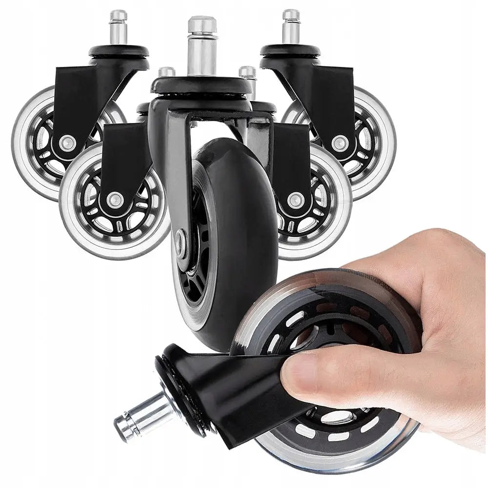 Kulelagrede hjul til kontorstol, fem sorte og sølv hjul med gummibelegg, ett vist i hånd for størrelse.