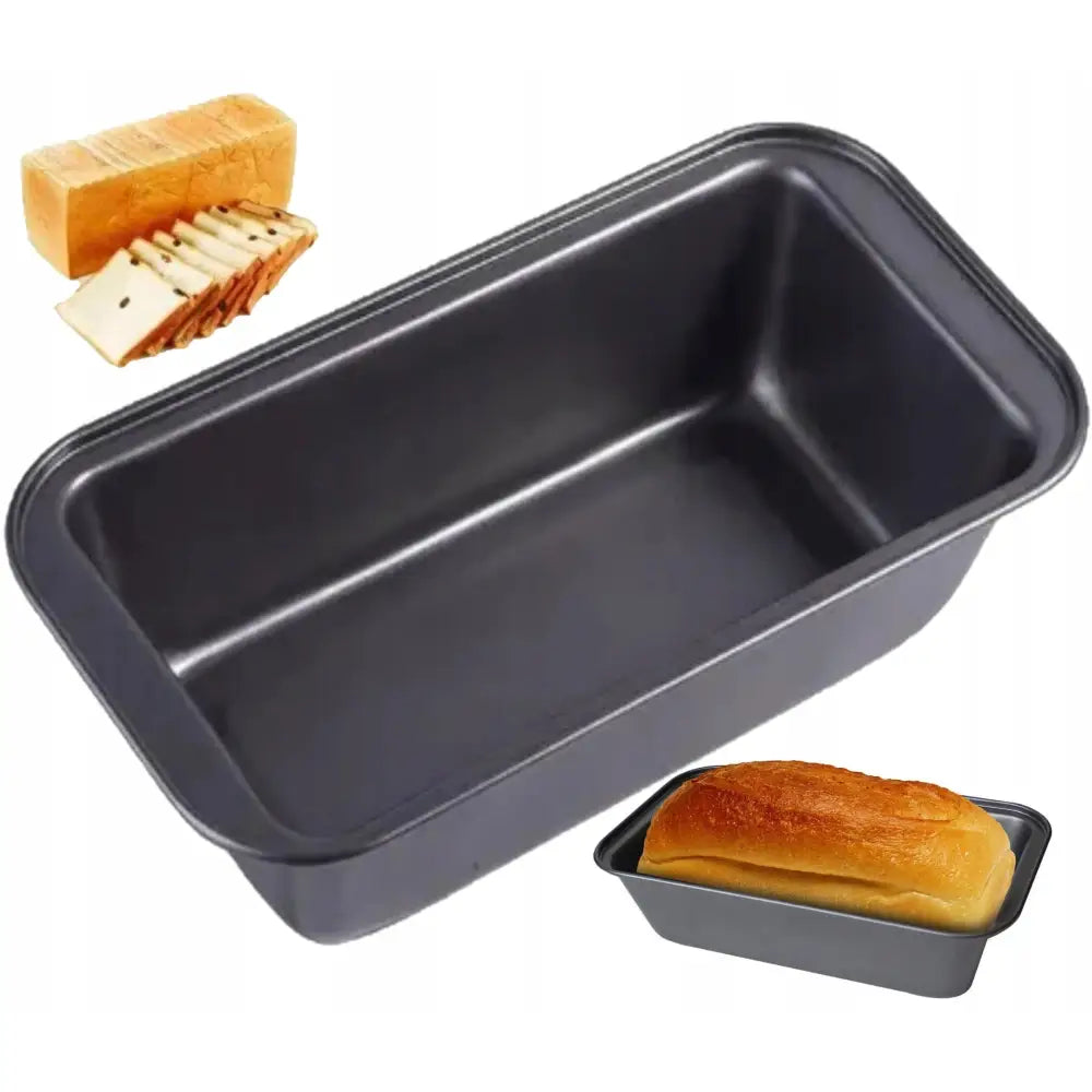 Kurvform for heving av brød i svart metall, vist med deig og illustrert ferdigbakt brød i hjørnene.