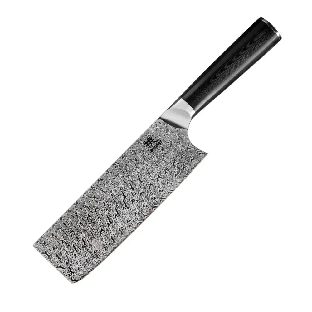 Damaskus Nakiri kniv med G10-håndtak, skråvisning som fremhever stålets bølgemønster og det mørke, glansede grepet.