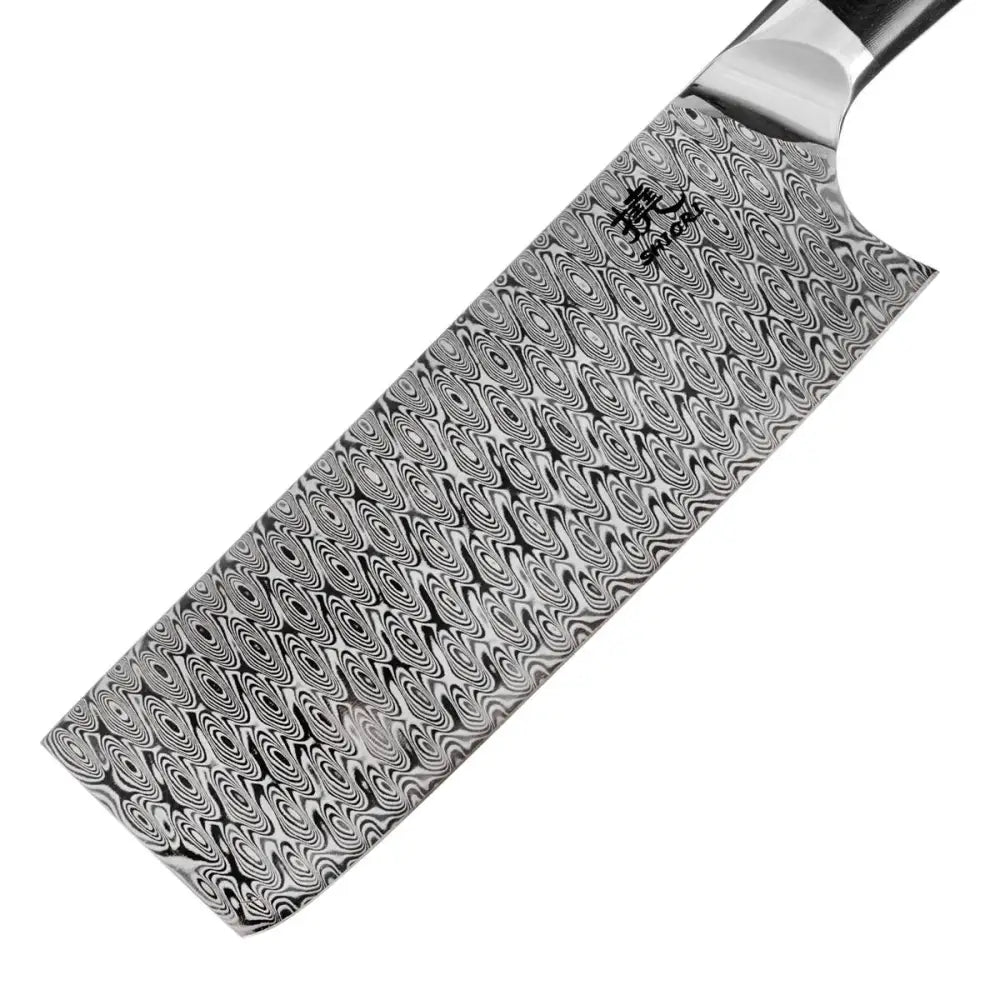 Damaskus Nakiri kniv, nærbilde av bølget knivblad med svarte japanske tegn og G10 håndtak fra siden.