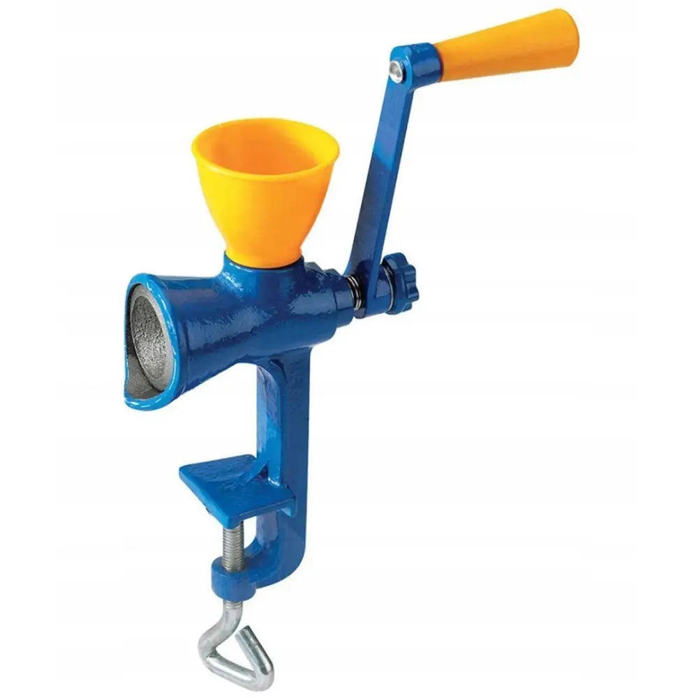 Kvern for maling av valmuefrø og frø, blå metallkropp med oransje trakt og synlig bordfeste.