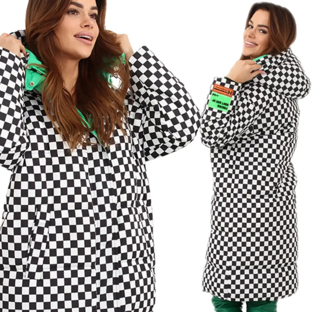 Kvinnelig Quiltet Jakke med Hette Løs Oversize 2461