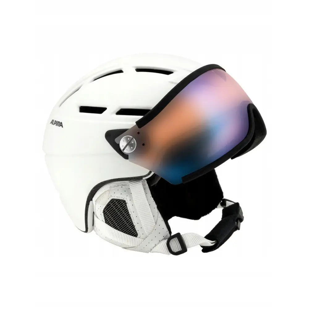 Alpina Griva Visor VHM ski-hjelm for kvinner, hvit med speilvisir, ventilasjon og polstrede ørebeskyttere.