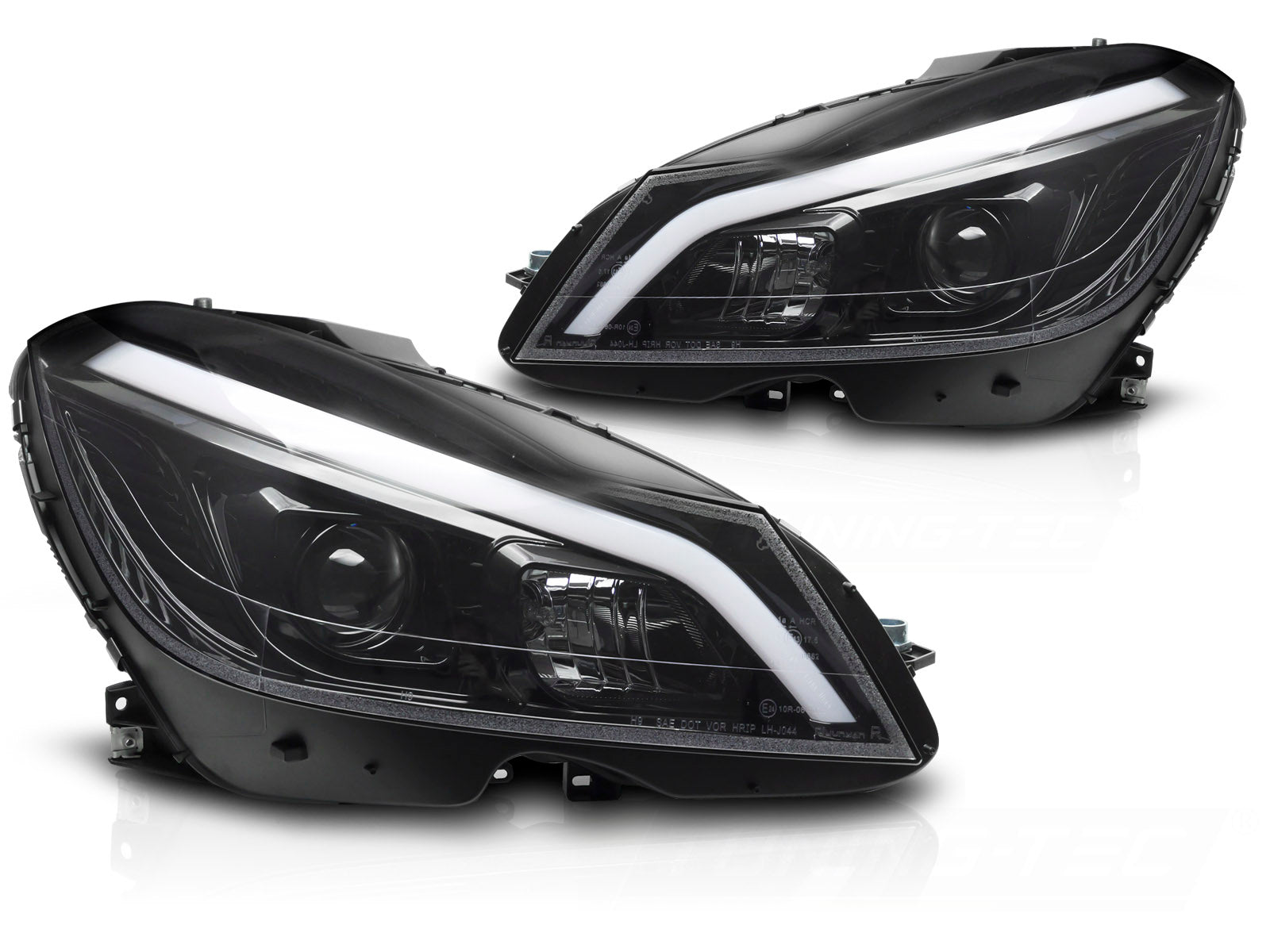 Frontlykter Mercedes C‑Klasse W204 11‑14, glossy svart, sekvensielle DRL – LPMEF4